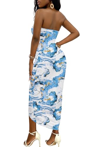 Image of Umenlele Women's Strapless Ruched High Waist Wrap Split Asymmetrical Beach Maxi Long Dress