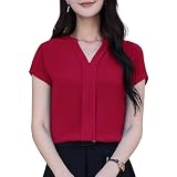 [Hotouch] ブラウス レディース 半袖 Vネック シフォン トップス シャツ 夏 薄手 通気性 無地 シンプル 体型カバー 着痩せ 柔らかい ゆったり おしゃれ UV防止 通勤 デート オフィス カジュアル フォーマル ビジネス スーツ インナー