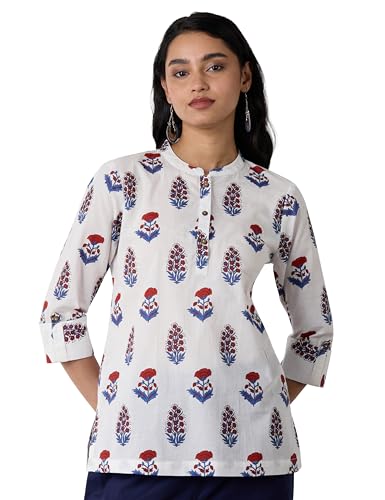 Image of Amazon Brand - Myx Women's Screen Print Straight Printed Regular Cotton Short Kurti (Available in Plus Sizes)