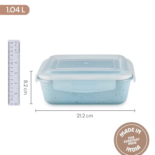 Image of Borosil 1.04 L Blue Food Storage Container with Air Tight Lid | Rectangle Shape Borosilicate Glass Organiser | Microwave & Dishwasher Safe | For Fridge, Kitchen Storage