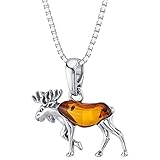 Peora Genuine Baltic Amber Moose Pendant Necklace in Sterling Silver, Rich Cognac Color, with 18 inch Chain