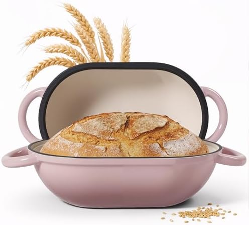2 QT Oval Dutch Oven for Bread Baking, Enamelled Cast Iron Bread Oven for Sourdough, Sourdough Loaf Pan with Lid, Heavy-Duty Non Stick Bread Pan for Homemade Bread Baking, Pink - Thumbnail 2