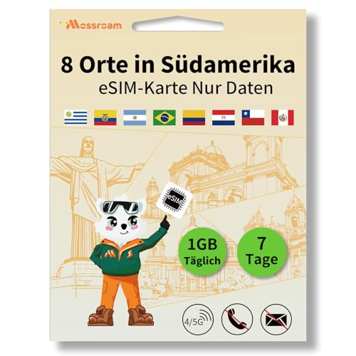 eSIM für 8 Länder in Südamerika, Internationale Reisen, 4/5G LTE Prepaid 7-Tage-Plan, nur 1 GB Daten täglich
