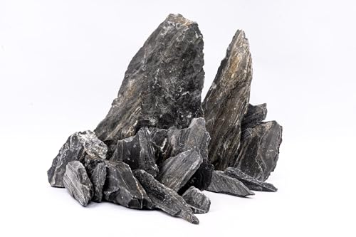NatureHolic Sumi Stone | Dunkler Aquarium Stein I wasserneutral mit Highlights aus Glimmer I Aquascaping Hardscape Steine Deko für Aquarien I Größe S: 6-12cm