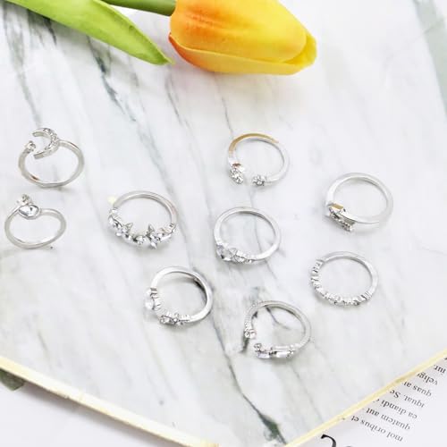 CSIYSNJRY99 Dainty Silver Rings for Women Boho Stackable Star Moon Flower Silver Rings Set for Teens Vintage Crystal Knuckle Stacking Rings 5
