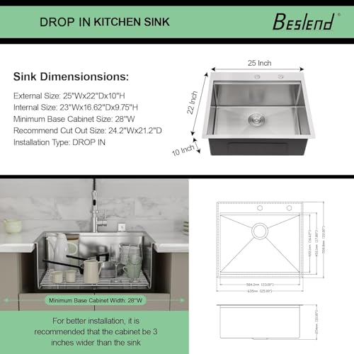 25 Drop In Kitchen Sink - Beslend 25x22 Inch Stainless Steel Sinks Ledge Workstation 16 Gauge Top Mount Handmade Single Bowl Kitchen Sink with Accessories by Beslend - Image 6