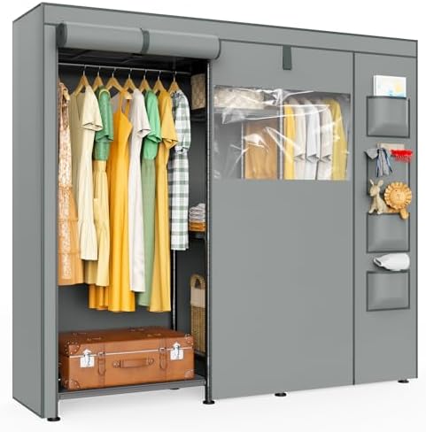 Image of the LEHOM G6C Heavy Duty Clothes Rack with Cover, Wire Garment Racks for Hanging Clothes, Adjustable Black Portable Closets with Storage Shelves，Wardrobe Clothing Rack with Grey Clear Window Cover 