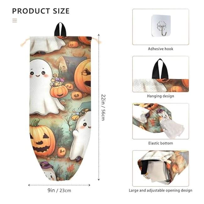 xigua Cartoon Ghosts Plastic Bag Holder Wall Mount with Drawstring 1 Pack, Reusable Grocery Bag Organizer Decor for Bags, Socks, Underwear, And Neckties