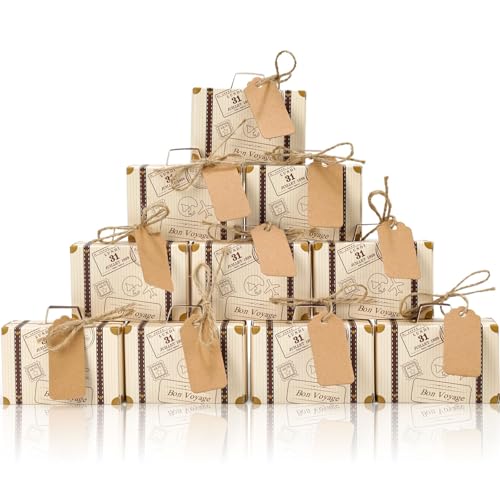 VGOODALL 50PCS Mini Suitcase Party Favor Box, 3'x2'x1.2' Small Gift Box with Tags for Travel Themed Party, Bridal Shower, Wedding