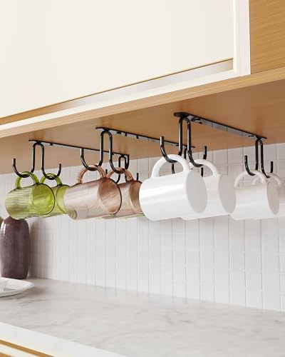 Image of Acrylic Design Art Mug Hooks Under Cabinet 3 Pack, Metal Cup Hooks for Hanging Under Shelf, Mug Organizer Rack with 12 Hooks for Displaying Mugs, Coffee Cups and Kitchen,Black