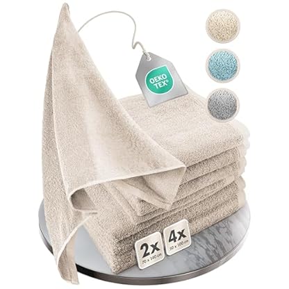Homewell Handtücher Set - weich und saugstark, 100% Baumwolle, Oeko-Tex 100 Zertifiziert (2 Badetücher + 4 Handtücher, Beige)