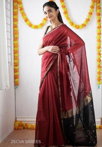Image of ZECVA Women's Pure Soft Spun Cotton Lichi Silk Saree For Women With Attach Unstitch Blouse Piece