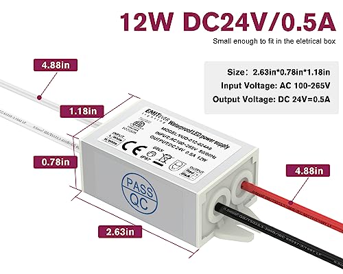 emitever 24volt led power supply driver 12w 2-pack etl listed waterproof ip67 low voltage transformer 120v ac to 24v dc converter for led strip spotlight cabinet tape lights and outdoor lighting