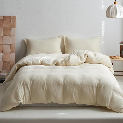 Simple&Opulence Muslin King Duvet Cover Set, 100% Cotton Ultra Soft and Lightweight Textured Puckering Bed Duvet Cover with 2 Pillowcases (230×220cm, Beige)