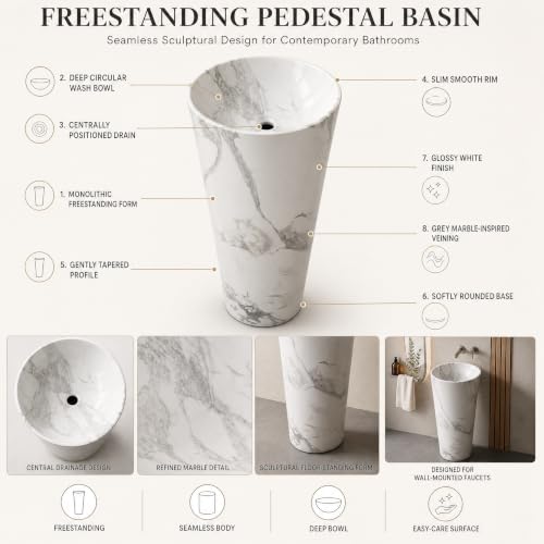 Image of Backline Pedestal Basin Without Tap Hole | Free Standing Pedestal Basin 7 Years Warranty | One Piece Basin for Bathroom /Office /Living Room /Restaurant (Size - 15 x 15 x 34 Inch)