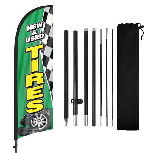 FSFLAG Bandera de plumas de neumáticos nuevos/usados con kit de mástil de bandera y estaca de tierra, venta de neumáticos nuevos/usados de 8.2 pies, bandera sin viento, letrero de bandera comercial