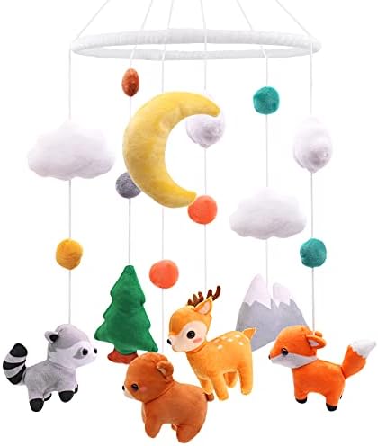 Woodland Baby Mobile Rustic Fox Deer Bear Mountains Nursery Crib Rustic Forest Wilderness Decor No Holder Soft Hanging Plush Animals for Boys Girls Bedroom Cot Cabin Baby
