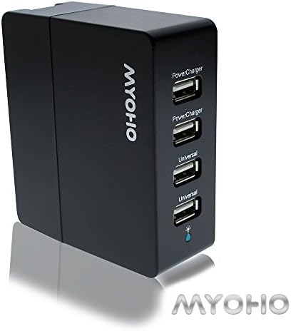 MYOHO 7.2 A 36 W Four Port (4 - Port) Universal High Speed USB Wall Charger for smart sensing, rapid charging of 4 mobile devices at combined 7.2 Amps (2 ports at 2.4 A, 2 ports at 1.2 A); intelligent detection circuit; fastest, efficient, stylish, light weight, compact, portable with LED and foldable prongs for iPhone 6S Plus, iPhone 6S, iPhone 6, iPhone 6Plus, iPhone 5s, iPhone 5c, iPhone 5, iPhone 4s, iPhone 4; iPad 5, iPad Air 2, iPad Air, iPad Mini; iPod Touch, Nano; Samsung Galaxy S5, S4, S3, S2, Galaxy Note 3, Note 2; LG G2; Nexus 5, 7, 10; Motorola Droid, Razr, Maxx; Blackberry; Nook; Nokia Lumia 2520; HTC One M8 X V S; other apple, android, windows smartphones, tablets, Bluetooth speakers & headsets, all USB powered devices; black with 1 year warranty.
