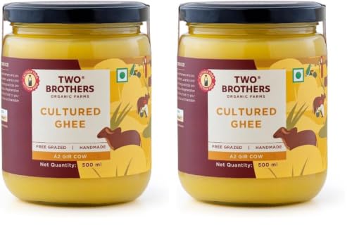 Image of Two Brothers Organic Farms Pure A2 Cultured Ghee 500 ml | Free-grazed Desi Gir Cows | Bilona Method | Farm-Made with Probiotics for Gut Health | India's only Certified Glyphosate-Free ghee (Pack of 2)