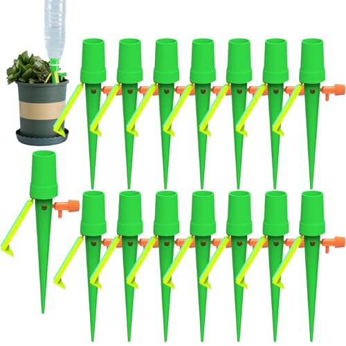 Tuxuseo Varillas de autoriego, de riego de plantas, 15 unidades, gotero automático, a prueba de fugas, con válvula reguladora ajustable, para interior, jardín, césped, árboles, verduras