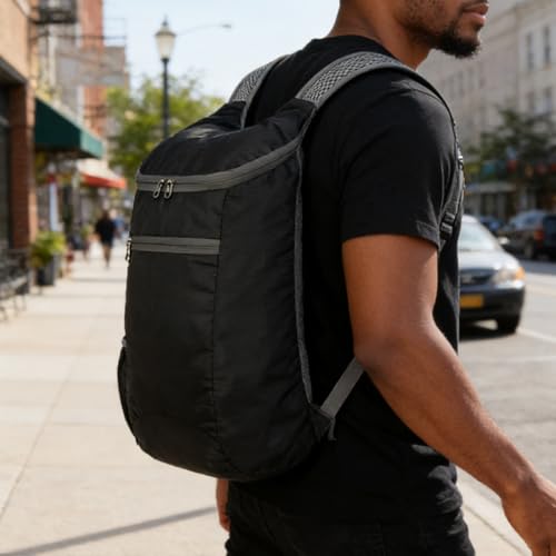 Mochila negra plegable ligera multi-bolsillos impermeable miniatura 1