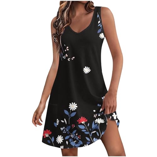 Women Summer Boho Tank Dress Sleeveless Beach Cover Up Sundress with Pockets Casual V Neck Dresses Holiday Outfits(Black,XX-Large)
