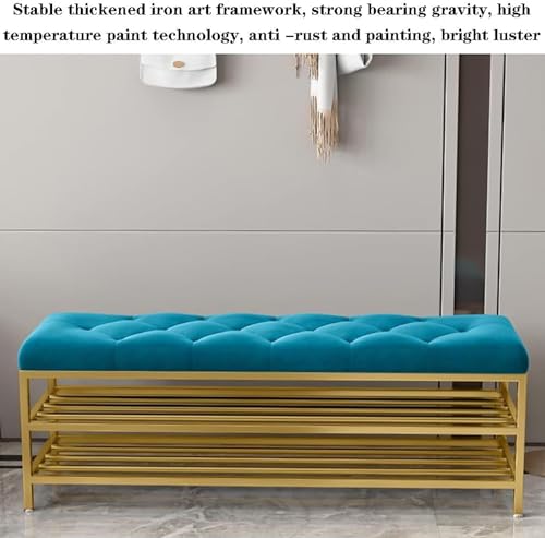 Image of Shoe Rack Bench Organizer with Mesh Seat for Bedroom Entry Window Mudroom Living Room, 2-Tier Fleece Bench Bench for Entryway (Blue Gold)