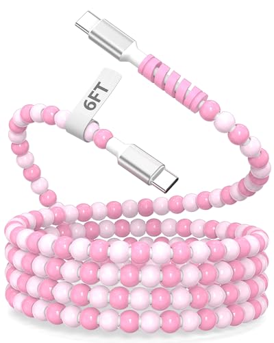6ft USB C Cable Short Charging Cord for Apple Tangle-Free Colorful Bead Cute Beaded Charger for Carplay Car Play for iPhone 17 Air 16 16e 15 Pro Max Type C Wire for Samsung S25 S24 Girls Women Pink
