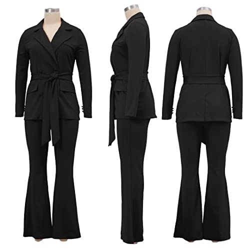 Women Sexy 2 Piece Outfits Long Sleeve Blazer Set With Wide Leg Flare Pantsuit Elegant Work Business Suit Black L #TOP4