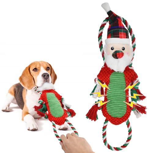 Vehomy Jouet couineur de Noël pour chien en peluche avec corde en coton - Jouet interactif à mâcher pour chiens de petite, moyenne et grande taille