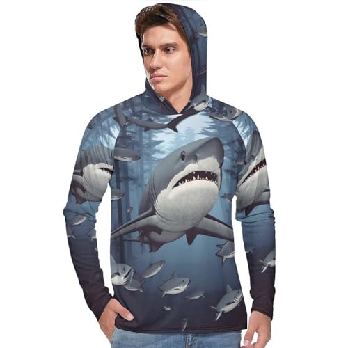 Men's Sun Protection Hoodie UPF 50+ Long Sleeve Shirt Funny Sharks Design Rash Guard Sun Shirt for Outdoor2