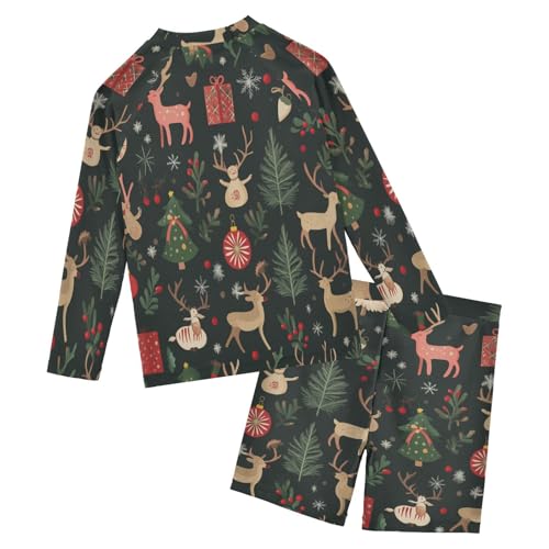 Xmas Reindeer Tree Boys Swimsuit Rash Guard Toddler Kids Long Sleeve Swim Shirt and Trunks Swimwear Set 3-10Y2