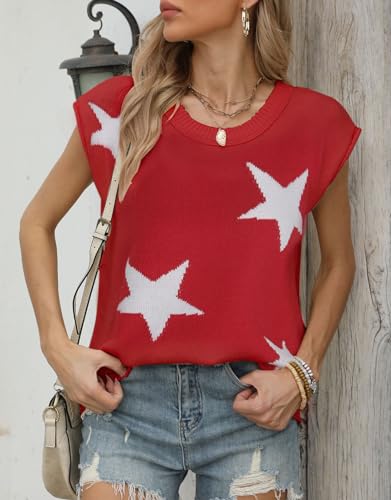 Image of Alsol Lamesa Women's Stars Pattern Cap Sleeve Sweater Vest 2024 Pullover Sleeveless Knit Crew Neck Tops, Small, 911 Red