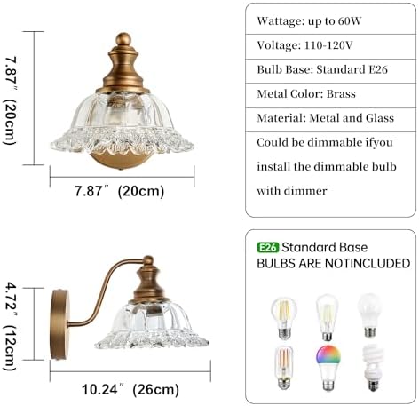 XIEDUN Vintage Wall Sconces Brass Wall Lights for Living Room Bathroom Sconces 2Pack