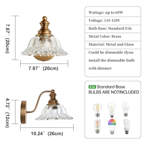 XIEDUN Vintage Wall Sconces Brass Wall Lights for Living Room Bathroom Sconces 2Pack