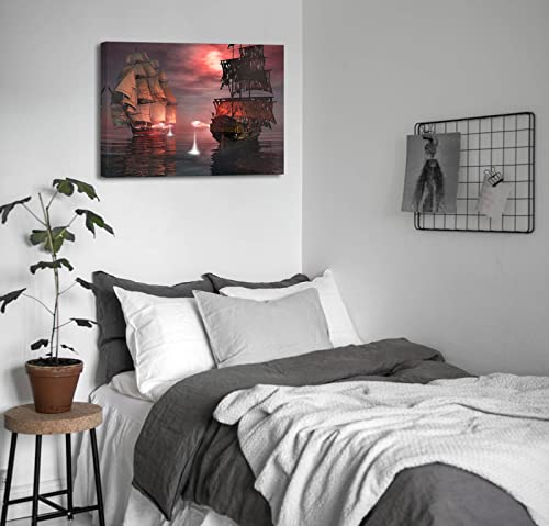Pirate Decor Ghost Sailboat Decor Wall Art Gothic Style Viking Ship Canvas Prints For Bedroom Accessories Home Decorations Red Pirate Ship Seascape Pictures Artwork Wooden Framed 16X22 Inch #TOP3
