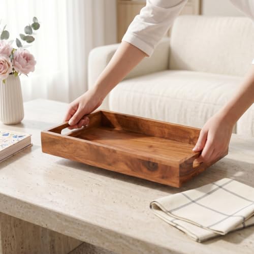 Image of Nestasia Wooden Serving Tray with Handles (36x20cm) - Acacia Wood Rectangular Brown Tray for Dining & Coffee Table | Platter for Serving Tea, Cakes, Snacks, Breakfast & Home Decor (Warm Honey-Brown)