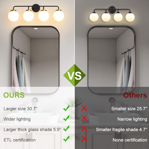 Image of Bathroom Light Fixtures 30.7in 4-Light Black Gold Vanity Lights for Mirror | Bathroom Lighting Fixtures over Mirror, ETL, Brushed Brass Wall Sconce, Dimmable E12 Base Max 60W, Milky Glass Ball Shades