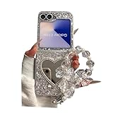 JLSDBMZ for Samsung Galaxy Z Flip 7 Case Mirror,Exquisite Cute Silver Mirrors Design,Clear Shiny Sequin Phone Cover with Kawaii Bracelet for Woman Girls