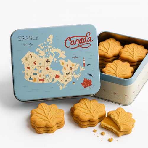 Boîte de Biscuits Feuille au Sirop d'Érable – Boîte Métallique aux Couleurs du Canada – Idéal pour Cadeaux et Souvenirs – Gourmandise Canadienne...