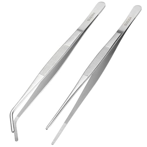 iTauyees Kochpinzette 2er Set, Gerade Pinzette, Pinzette mit schrägem Kopf aus Edelstahl 16 cm, Grillpinzette, Küchenpinzette, Universal Pinzette für Lebensmittel Küche Cover