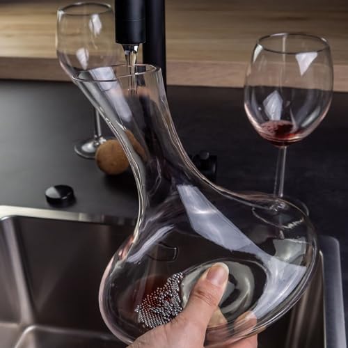 Intirilife Glas Karaffe mit 1.8 Liter für Rotwein mit Reinigungsperlen - Dekantierkapazität 750ml - Bleifreies Kristallglas Dekanter Mundgeblasen Weinbelüfter Weinkaraffe