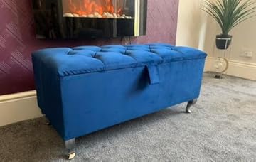 SK LUXURY LIVING Ottoman Storage Box - Engineered Wood Fabric Buttons Luxurious Plush Velvet Ottoman Storage Bench, Perfectly Designed Ottoman for Bedroom Storage (Blue Plush, Legs)