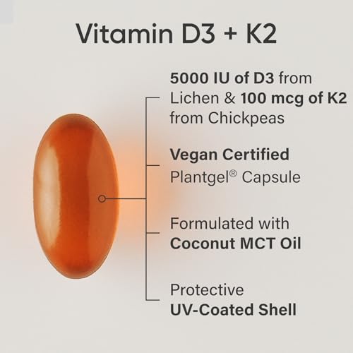 Sports Research® Vitamin D3 + K2 w/ Coconut Oil - Vegan Vitamin D 5000iu & Mk7 Vitamin K 100mcg for Bone & Immune Support - Vegan Certified · Non-GMO · Soy Free - 60 Softgels - Image 3