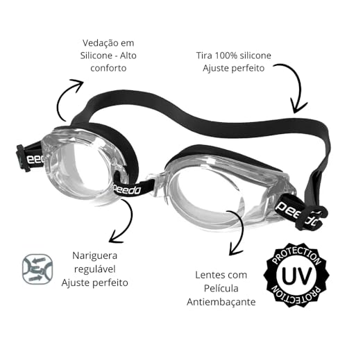 Kit Natação Completo – Óculos Clássico Visão Clara Anti-Embaçante UV + Touca Silicone Lisa Preta | C