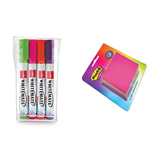 Image of Cello Whitemate Vivid Whiteboard Marker (4 Vivid Ink Colors - Orange, Magenta, Violet, Lime) | Stati & Post-It Cube - 4 Color Sticky Notes (4X50 Sheets, 3 inch X 3 inch)