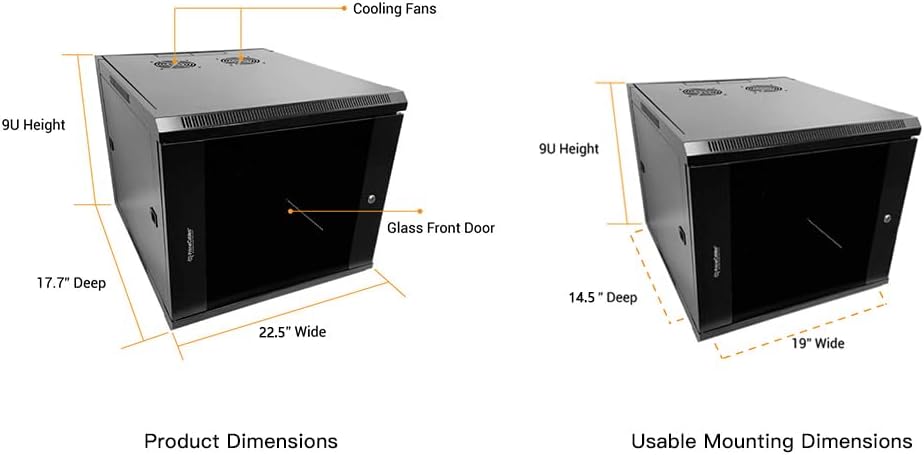 Dimensional diagram of the PrimeCables 9U server rack cabinet, showing height, width, and depth.