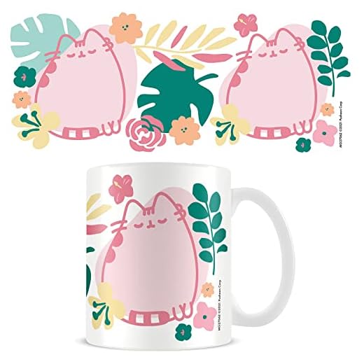 Pyramid International Pusheen - Taza de cerámica en caja de regalo (diseño tropical) 315 ml, producto oficial, color rosa, verde y blanco