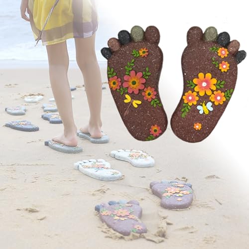 Pietra calpestabile da giardino， Pietra decorativa for camminamenti con impronte di piedi dimensionali e motivo floreale, pietra decorativa for esterni vibrante for cortile/sentiero(Dark Brown,1PC)