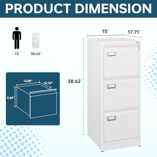 Image of MIIIKO 3 Drawer File Cabinet, White Vertical Filing Cabinets with Lock, Home Office File Folders Storage Cabinet for Letter Legal A4 File Size